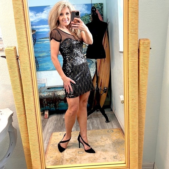 Bell du Jour Black Sequin Mesh Illusion Cocktail Mini Dress Party  Size XS - Picture 5 of 7